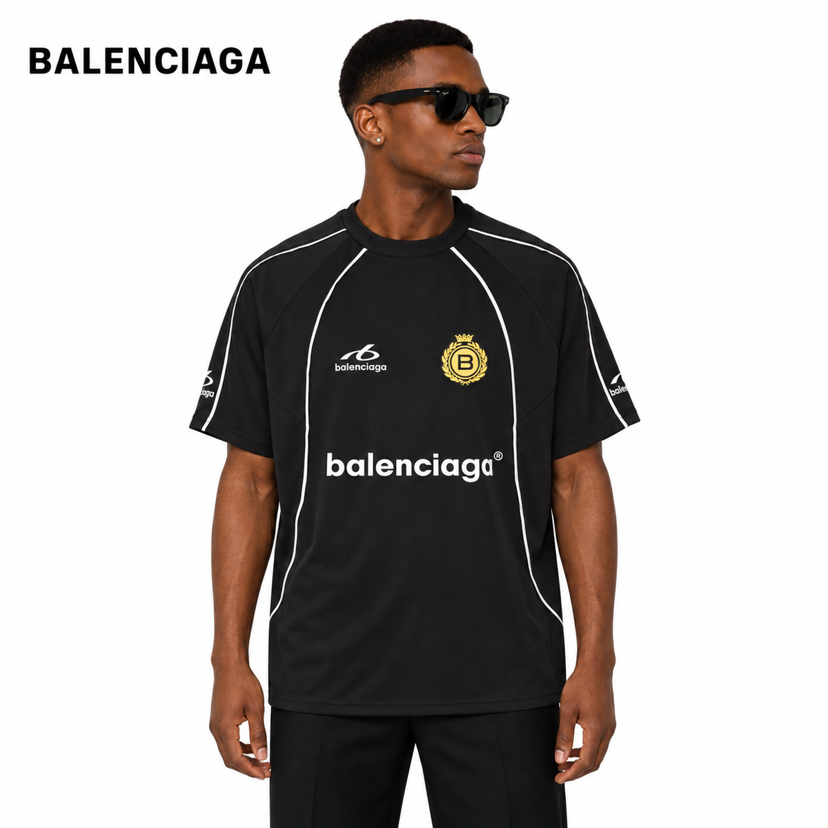 Balenciaga Soccer Jersey Crest T-Shirt in Black & Blue