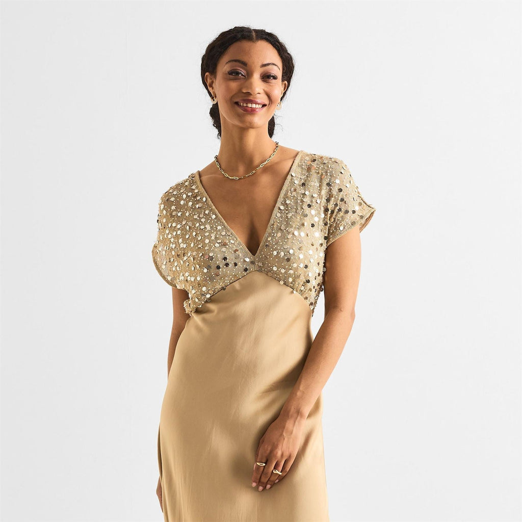 Never Fully Dressed Sequin Elodie V-Neck Maxi Gown Dress